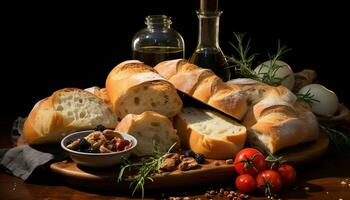 ai generado recién horneado ciabatta en un de madera mesa, un gastrónomo aperitivo generado por ai foto