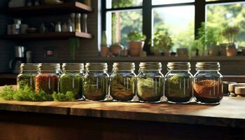 AI generated Fresh organic vegetables and herbs on rustic wooden table indoors generated by AI photo