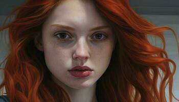 AI generated A beautiful redhead woman with long hair and freckles smiling generated by AI photo