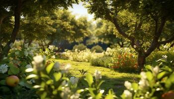 AI generated A tranquil meadow, bathed in sunlight, showcases nature vibrant beauty generated by AI photo