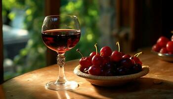 AI generated Fresh fruit on table, wineglass filled with organic red wine generated by AI photo