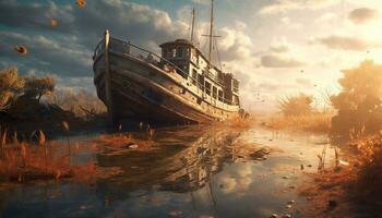 AI generated Abandoned shipwreck reflects tranquil sunset on rusty coastline, nature beauty generated by AI photo