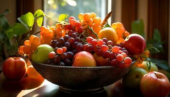 AI generated Freshness of nature harvest healthy eating, juicy fruit bowl indoors generated by AI photo