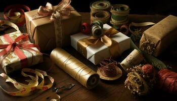 AI generated A festive gift box wrapped in shiny gold wrapping paper generated by AI photo