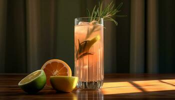 AI generated Fresh fruit cocktail on wooden table, a refreshing summer drink generated by AI photo