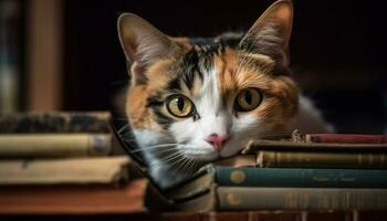 AI generated Cute kitten reading book, curious eyes, sitting on library shelf generated by AI photo