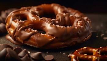 AI generated A homemade chocolate donut with creamy icing on a wooden table generated by AI photo