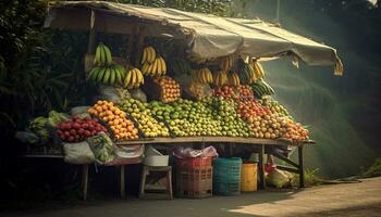 ai generado Fresco frutas y verduras, naturaleza generosidad, vendido a al aire libre mercados generado por ai foto