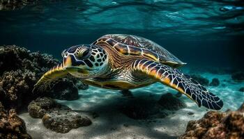 AI generated Underwater turtle swimming in blue sea, surrounded by colorful reef generated by AI photo