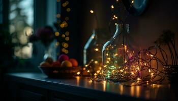 AI generated Celebration of winter indoors Christmas lights illuminate rustic wood table generated by AI photo