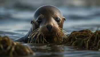 AI generated Cute seal pup looking at camera, wet fur, playful journey generated by AI photo