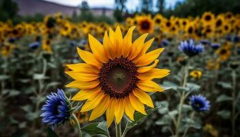 ai generado girasol florecer en prado, vibrante amarillo, naturaleza belleza en verano generado por ai foto