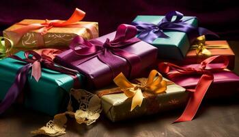 AI generated A stack of wrapped gift boxes in shiny gold paper generated by AI photo