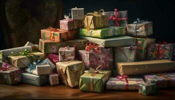 AI generated A large stack of wrapped gift boxes in colorful backgrounds generated by AI photo