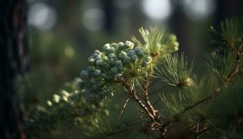 ai generado verde conífero árbol rama con amarillo flor cabeza en primer plano generado por ai foto