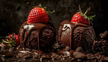AI generated Freshness and sweetness on a homemade chocolate dessert with strawberry generated by AI photo