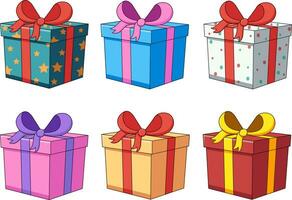 Set of six cartoon illustrations of gift boxes in various colors vector