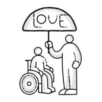 Happy Valentine day icon. Love Couple with partner with disabilities. Person with disability in romantic relationships. Young enamored people. Person in wheel chair icon. Vector outline illustration