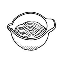 Bowl of dough icon. Kitchenware vector illustration isolated on white background. Outline cooking. Hand drawn vector illustration. Sticker for cookbook or menu.