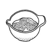 Bowl of dough icon. Kitchenware vector illustration isolated on white background. Outline cooking. Hand drawn vector illustration. Sticker for cookbook or menu.