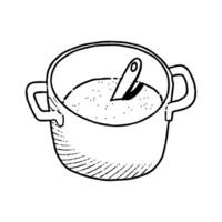 grande pan con sopa y cuchara icono. batería de cocina ilustración aislado en blanco antecedentes. contorno web Cocinando icono. mano dibujado Cocinando proceso vector ilustración.