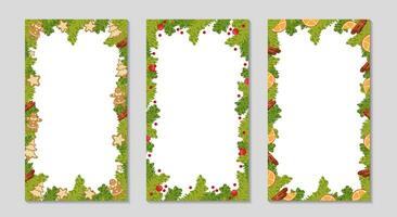 Christmas frame set for Social media Stories. Spruce branches with cookies, citrus, cinnamon, and holly berries. Christmas holidays vertical templates. Winter sale and social media Vector illustration