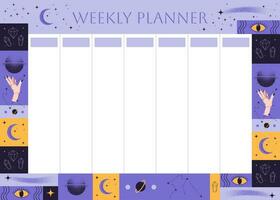 Weekly planner with astrological elements. Cosmic elements, comets and stars. Background for notes. Hand holds ball. Drawing with dots. Magic, occultism and astrology concept. Vector illustration.