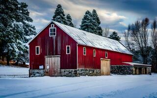 AI generated Winter's Embrace, Enchanting Snow-Covered Barn in Rural Serenity photo