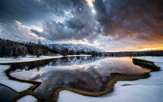 AI generated Frozen Serenity, A Captivating Winter Storm Blanketing a Tranquil Lake photo