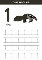 Numbers tracing practice. Writing number one. Cute giant anteater. vector