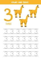 Numbers tracing practice. Writing number three. Cute cartoon llamas. vector