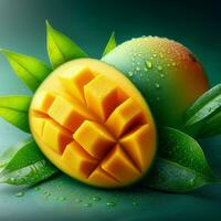AI generated Slice ripe mango with drops, closeup of mango fruit photo