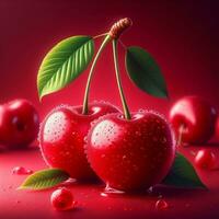 AI generated Red cherry fruit with drops water photo