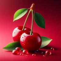 AI generated Red cherry fruit with drops water photo