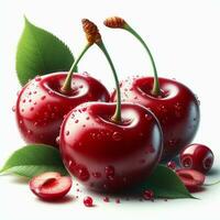 AI generated Red cherry fruit with drops water photo