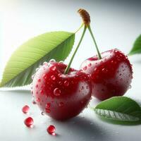 AI generated Red cherry fruit with drops water photo