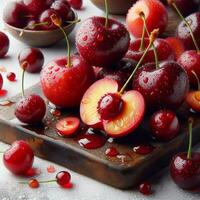 AI generated Red cherry fruit with drops water photo
