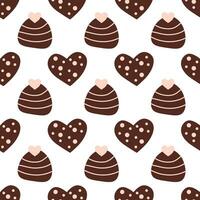 Seamless pattern with chocolates candies in form heart with pink icing. Sweet Valentine day background. Vector flat illustration.