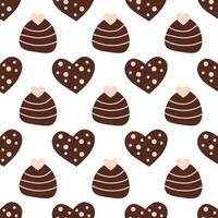 Seamless pattern with chocolates candies in form heart with pink icing. Sweet Valentine day background. Vector flat illustration.