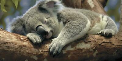 AI generated Koala asleep in tree. AI Generated photo