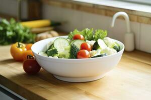 AI generated Kitchen still life with white bowl of washed vegetables on wooden desk. AI Generated photo