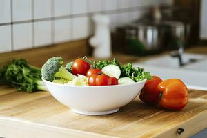 AI generated Kitchen still life with white bowl of washed vegetables on wooden desk. AI Generated photo