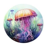 AI generated Jellyfish in an underwater landscape in a circle. AI Generated photo