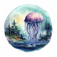 AI generated Jellyfish in an underwater landscape in a circle. AI Generated photo