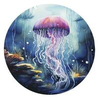 AI generated Jellyfish in an underwater landscape in a circle. AI Generated photo