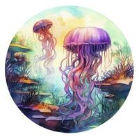 AI generated Jellyfish in an underwater landscape in a circle. AI Generated photo