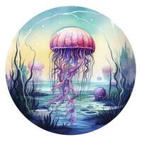 AI generated Jellyfish in an underwater landscape in a circle. AI Generated photo