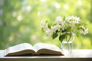 ai generado jazmín flores en un florero y abierto libro en el mesa, verde natural antecedentes. ai generado foto