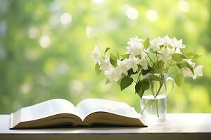 AI generated Jasmine flowers in a vase and open book on the table, green natural background. AI Generated photo