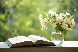 AI generated Jasmine flowers in a vase and open book on the table, green natural background. AI Generated photo